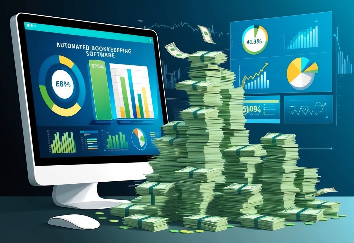 A stack of money growing larger, surrounded by financial charts and graphs. A computer screen displaying automated bookkeeping software