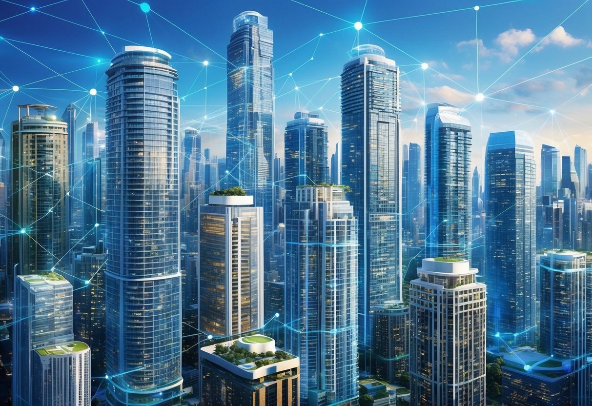 A bustling city skyline with multiple high-rise buildings, each representing a different real estate investment opportunity. The buildings are interconnected with a network of digital lines, symbolizing the use of property management software to scale investments