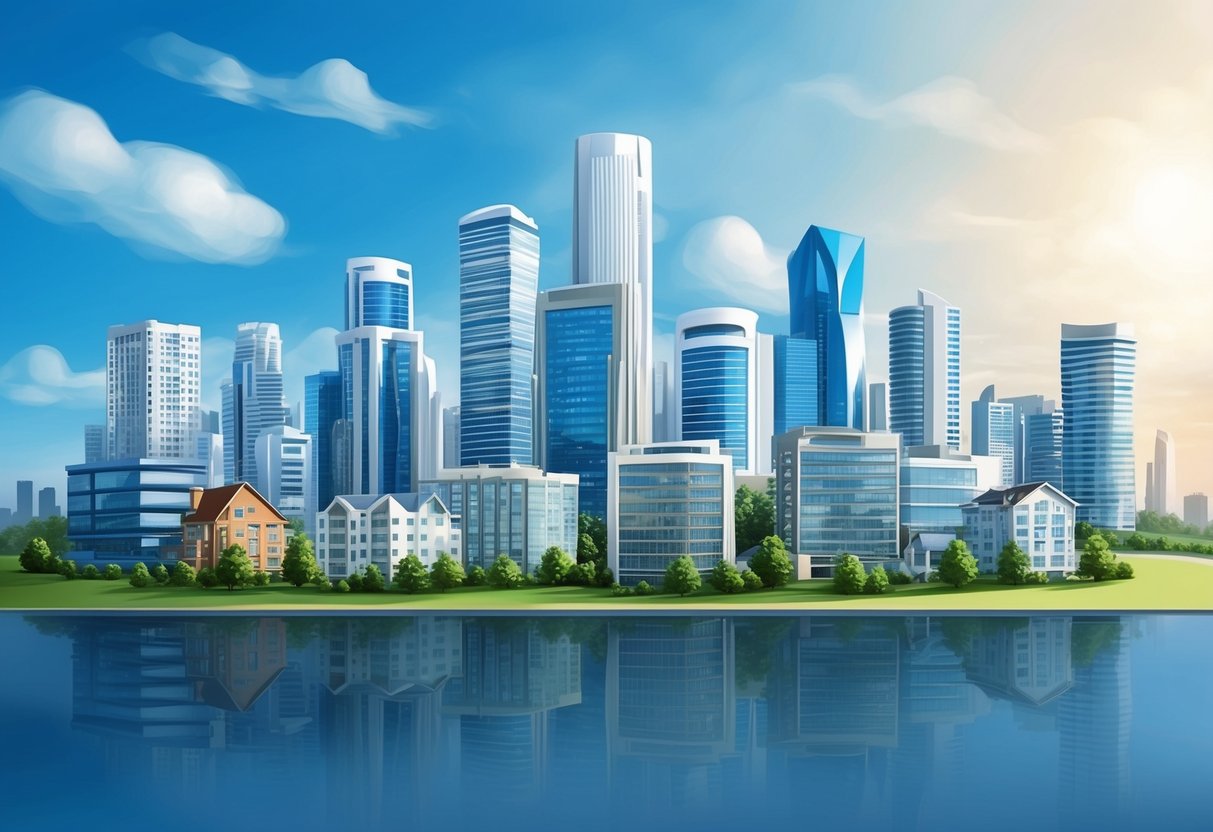 A modern city skyline with various types of properties, each equipped with property management software, showcasing the potential for increasing property value