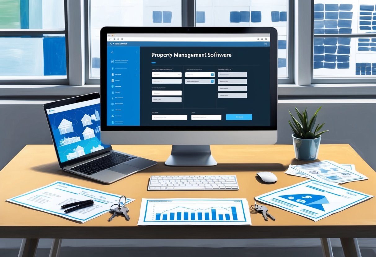 A modern office desk with a computer screen displaying a property management software dashboard, surrounded by various real estate investment-related items such as keys, contracts, and blueprints