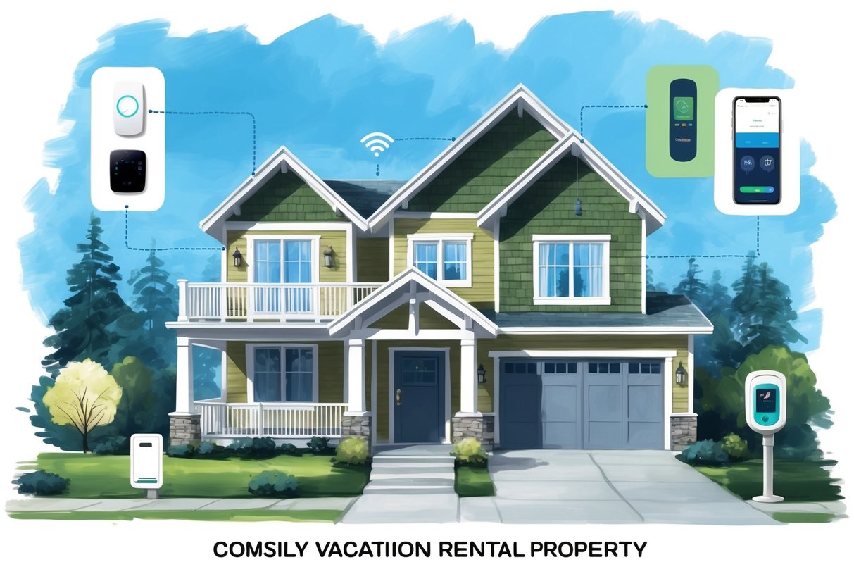A cozy vacation rental property with smart home devices, such as keyless entry, thermostat control, and automated check-in/out system