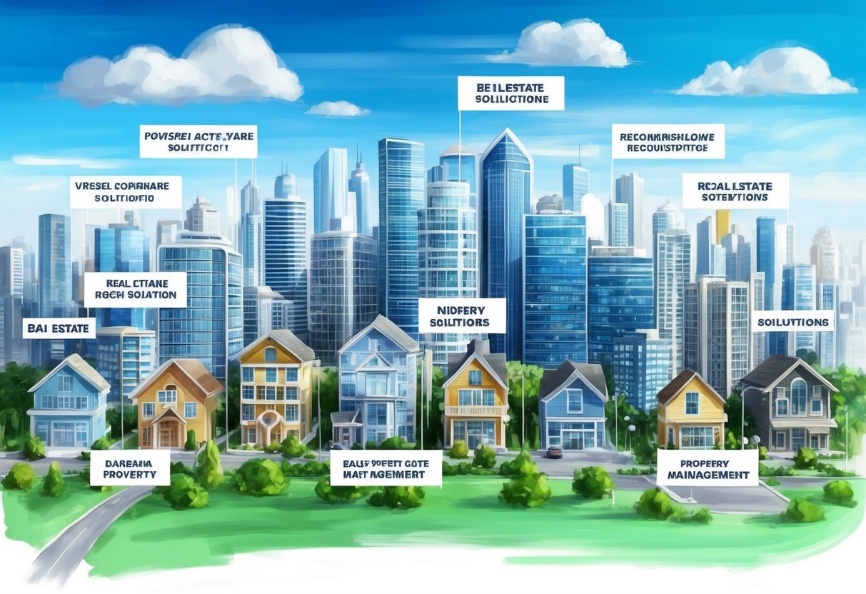 A bustling city skyline with various real estate properties, each labeled with different software solutions and recommendations for property management