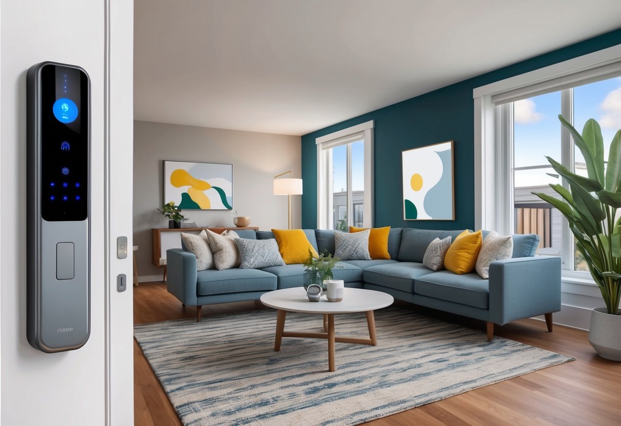 A cozy, modern living room with a keyless entry system, smart thermostat, and automated lighting, showcasing the seamless integration of technology for short-term rental properties