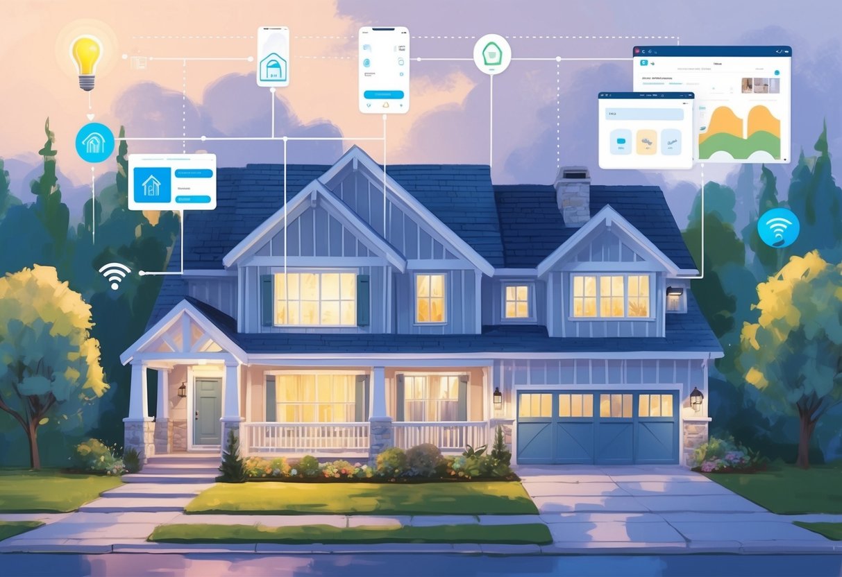 A cozy vacation rental property with smart devices controlling lights, temperature, and locks, while a booking platform manages reservations and guest communication