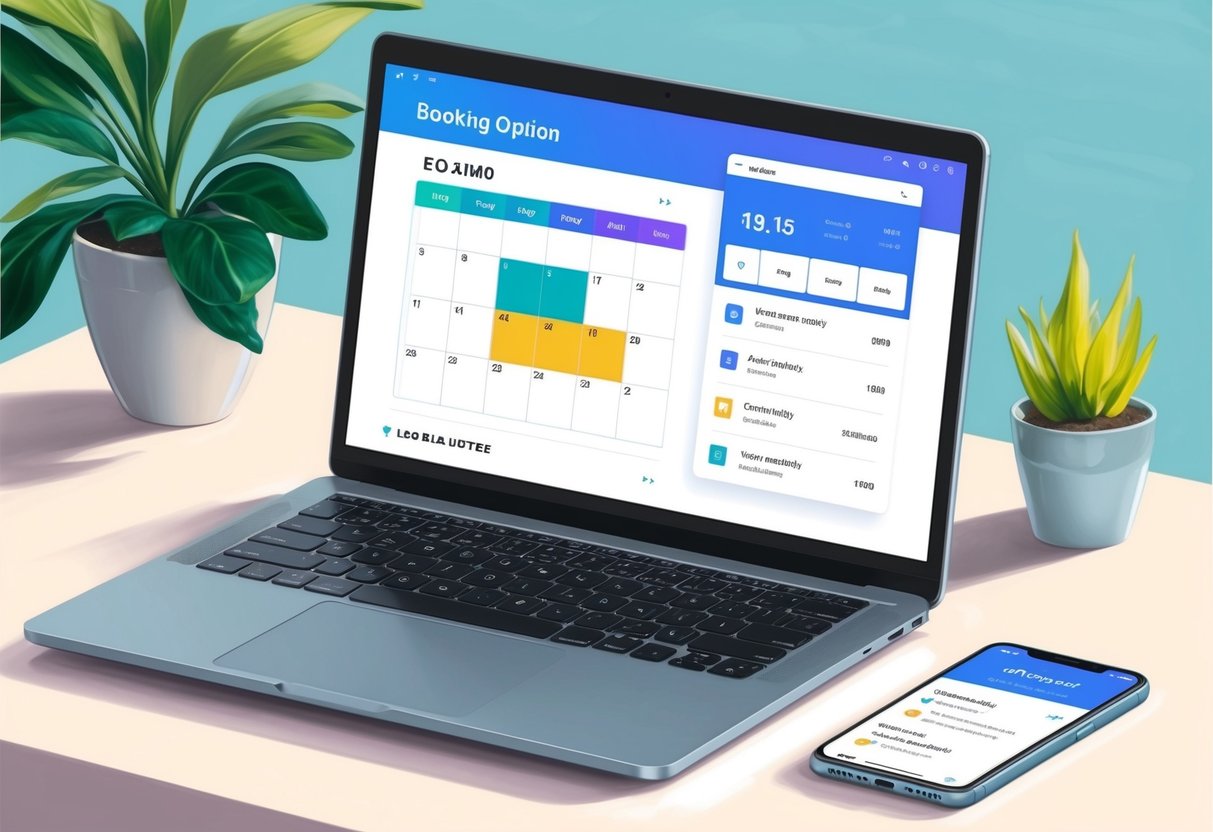 A modern laptop displaying a user-friendly booking interface with calendar, payment options, and property details. A smartphone with notifications sits nearby
