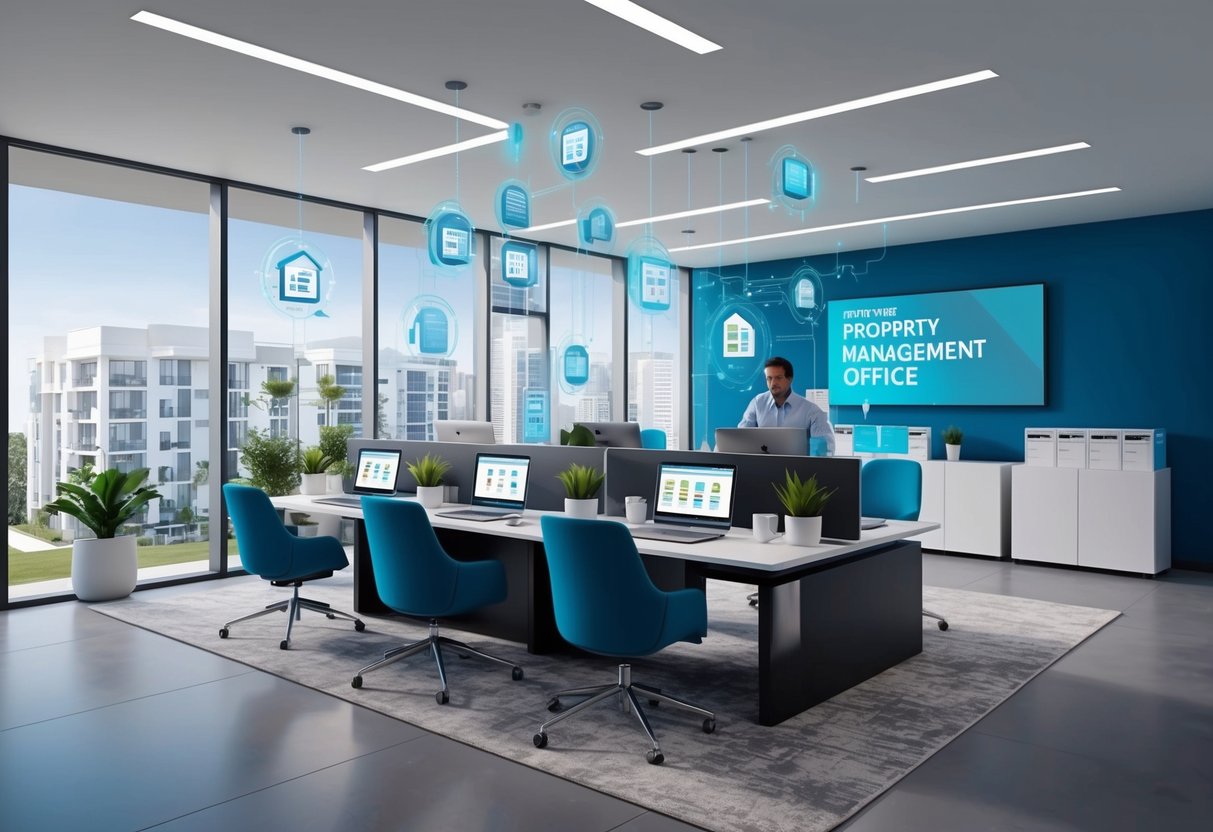 A modern property management office with automated systems and technology for short-term rentals, showcasing efficiency and scalability for passive income