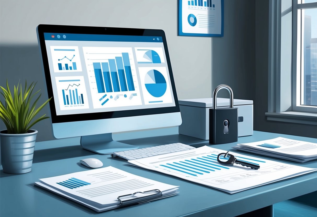 A modern, organized office space with a computer, paperwork, and financial charts. A key and lockbox symbolize short-term rental automation