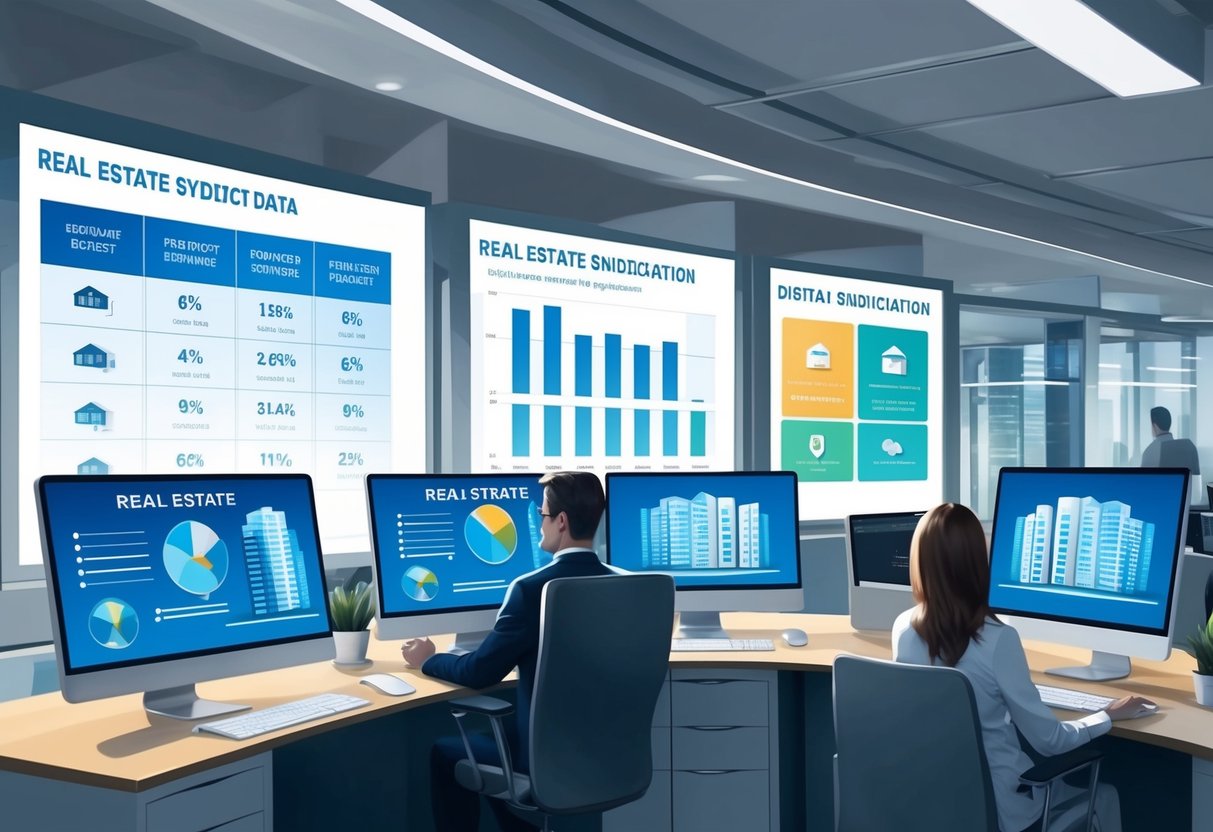 A modern office with computer screens displaying real estate syndication data, while a digital platform streamlines management processes