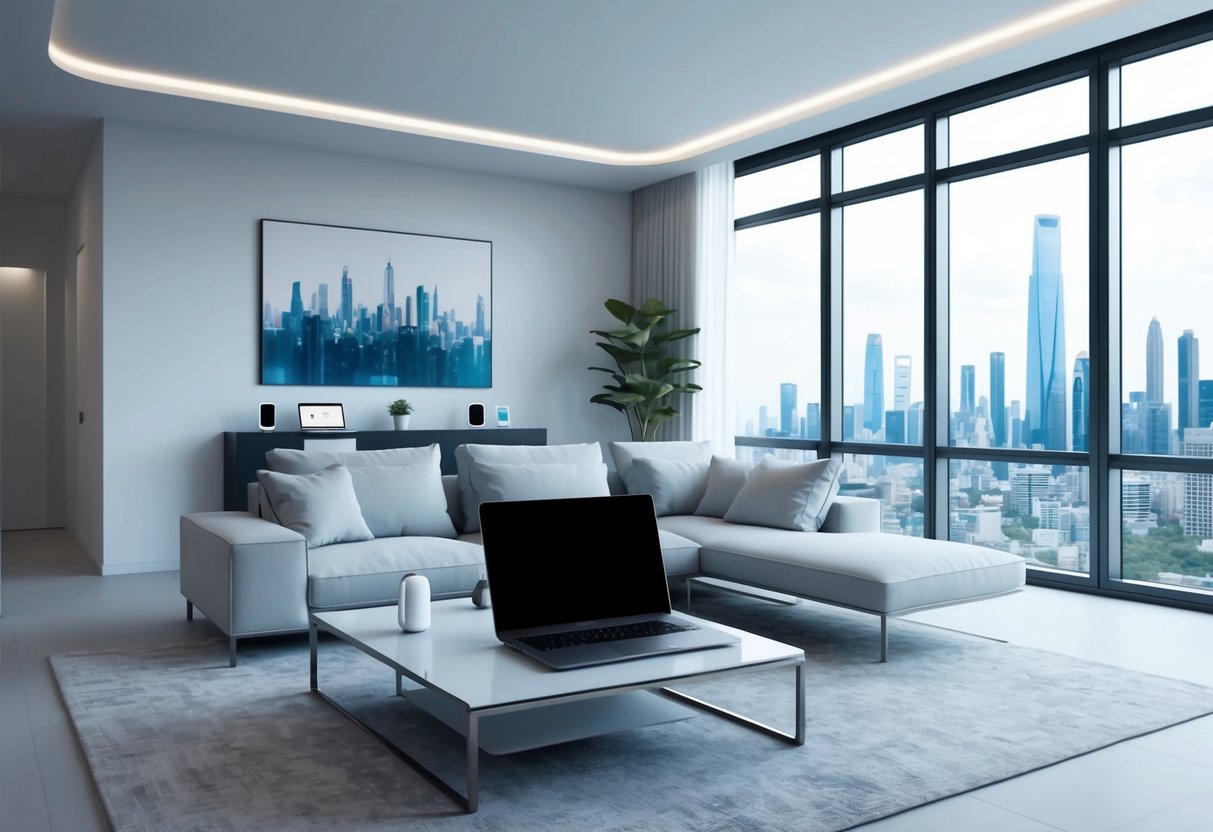 A modern, minimalist living room with a sleek laptop on a coffee table, surrounded by smart home devices and a city skyline visible through the window