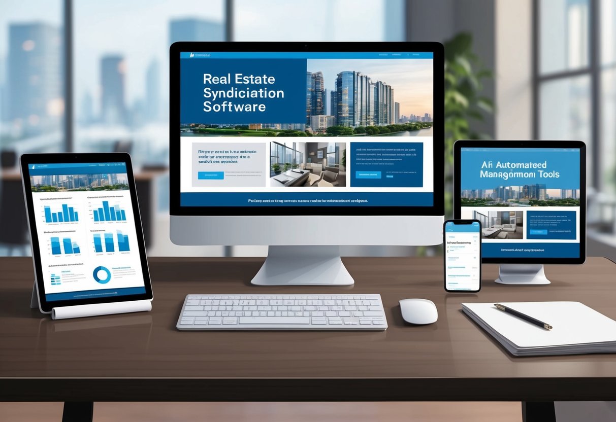 A modern office desk with a computer, tablet, and smartphone, displaying real estate syndication software and automated management tools