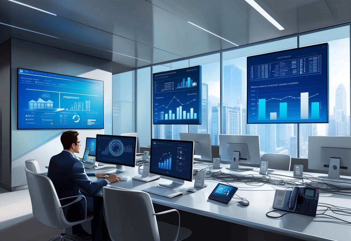 A sleek, modern office space with a large digital screen displaying real estate investment data. A network of computers and communication devices hums with activity