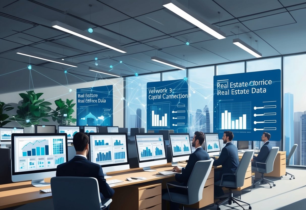 A modern office with computer screens displaying real estate data, while a network of digital connections streamlines the capital raising and investment management process