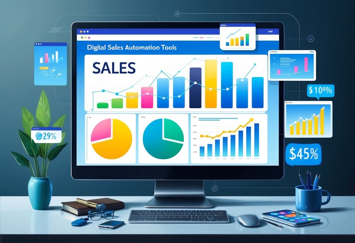 A computer screen displaying a variety of digital sales automation tools and graphs showing increased sales over time