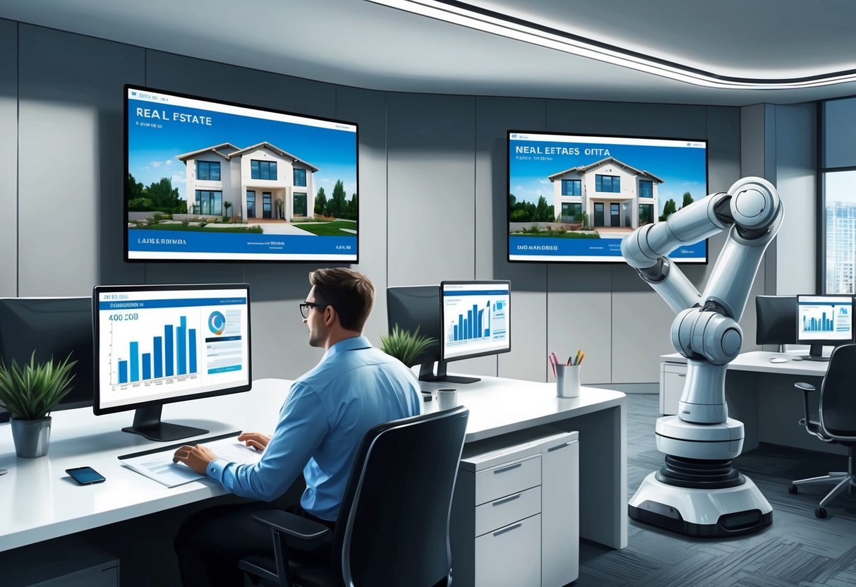 A sleek, modern office space with computer screens displaying real estate data, while a robotic arm efficiently processes paperwork