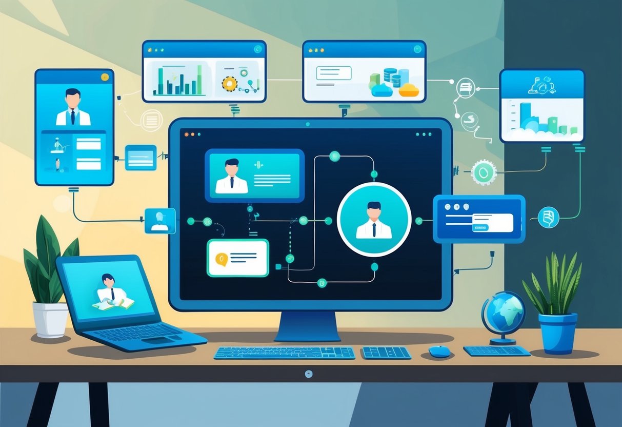 A digital interface displaying automated sales processes and customer interactions, with various tools and systems interconnected for seamless scalability