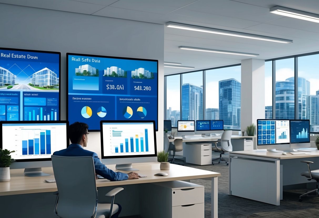 A modern office with computer screens displaying real estate data, alongside a digital platform for managing syndication and compliance