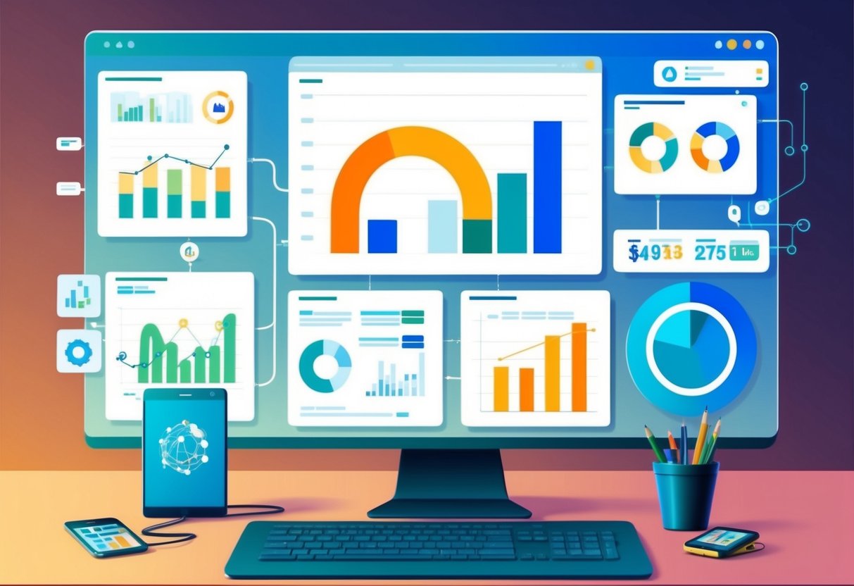 A digital sales dashboard with graphs and charts, connected to various automation tools