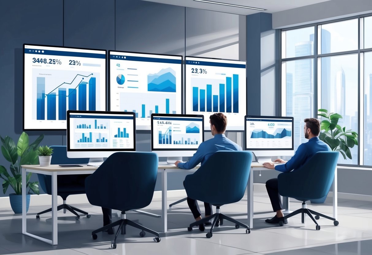 A modern office with computer screens displaying real estate data and graphs, while a digital platform streamlines syndication management