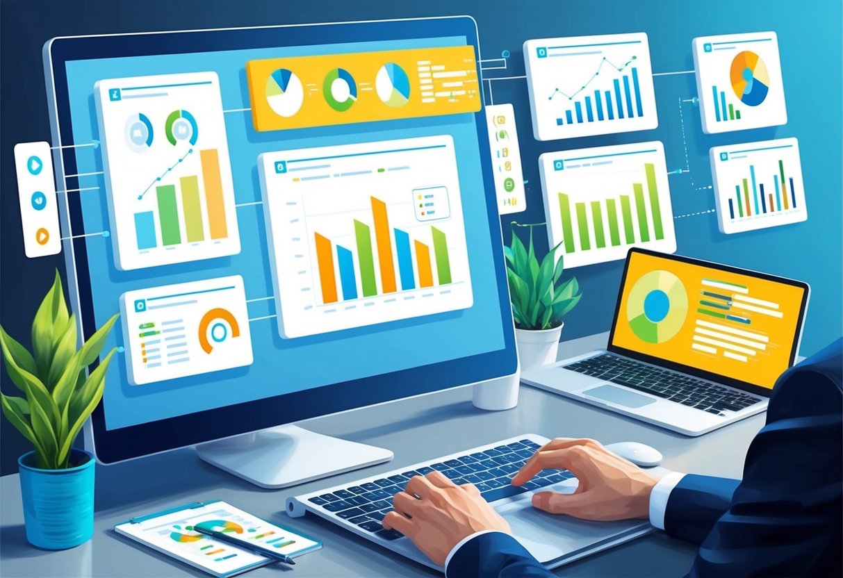 A computer screen displaying various graphs and charts, with automation tools and digital product sales data being analyzed for performance measurement
