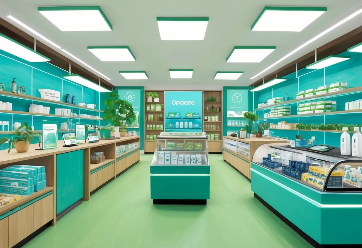 A modern, eco-friendly store with digital sales tools and automation systems in place, showcasing sustainable products and building strong customer relationships