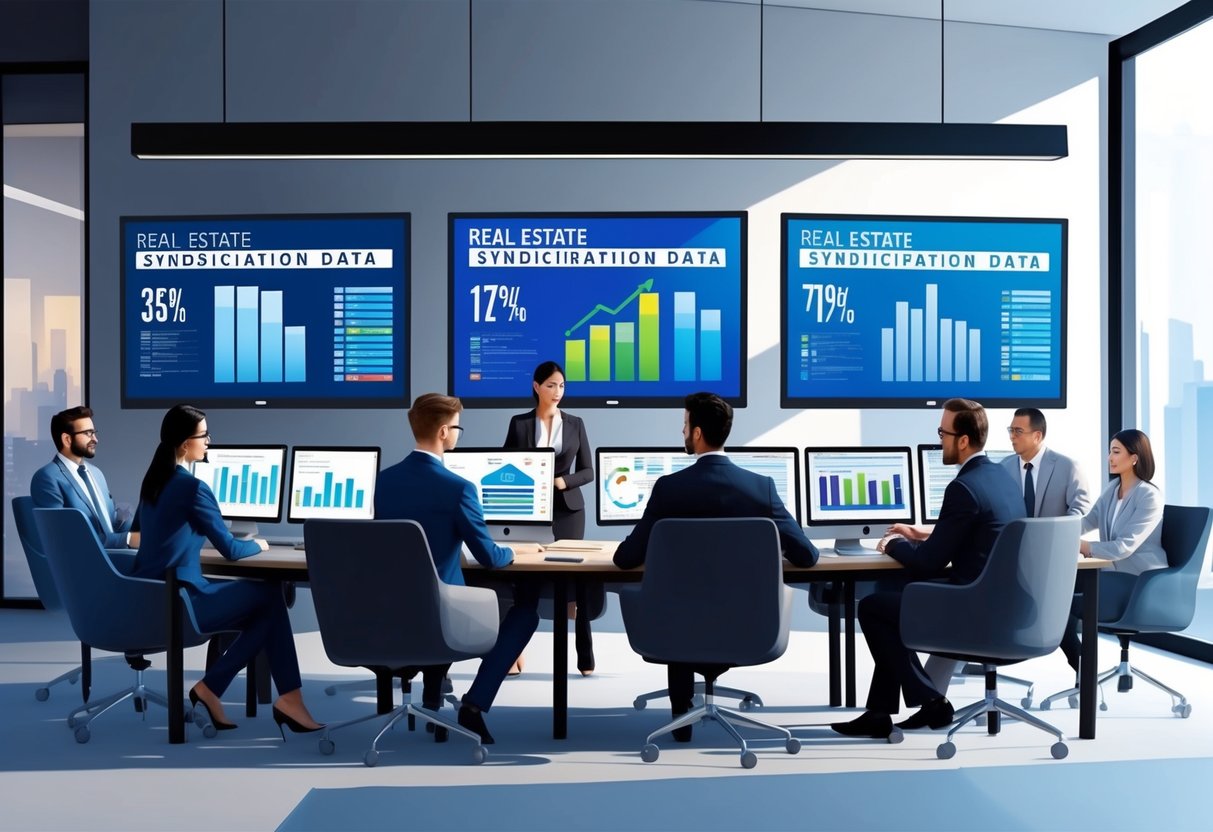 A modern office with computer screens displaying real estate syndication data, while a team of professionals collaborate and strategize