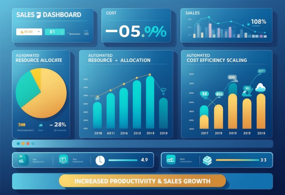 A digital sales dashboard displaying automated resource allocation and cost efficiency scaling. Graphs and charts show increased productivity and sales growth