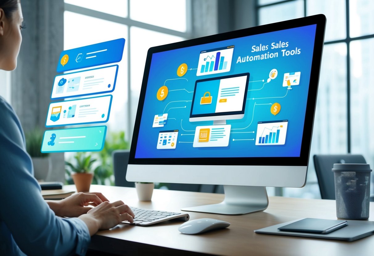 A computer screen displaying various sales automation tools in action, with digital products being sold and managed seamlessly