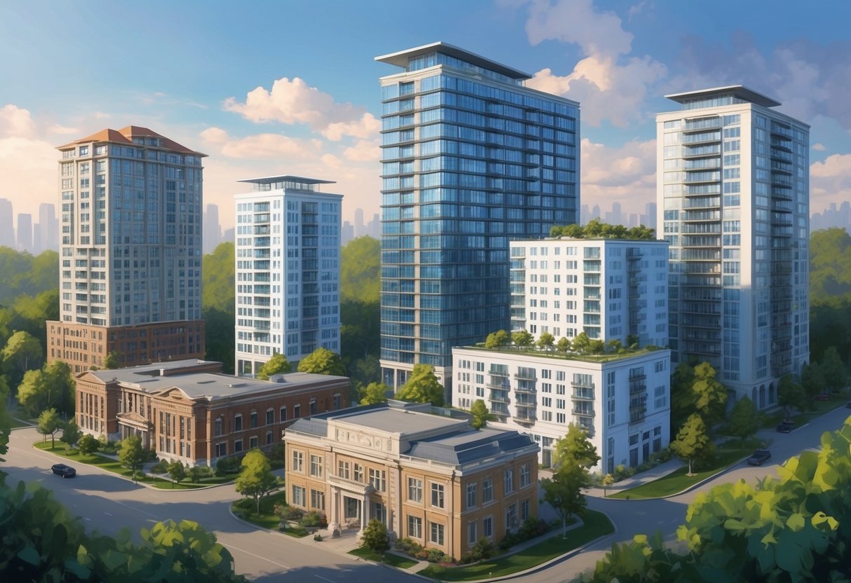 A group of buildings with varying sizes and styles, surrounded by trees and greenery, with a clear focus on the concept of real estate syndications and income scaling over time