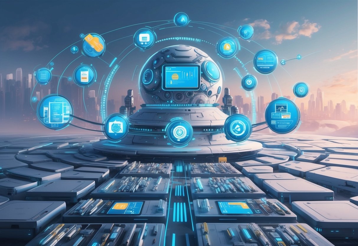 A futuristic digital marketplace with automated tools and processes for scaling product sales