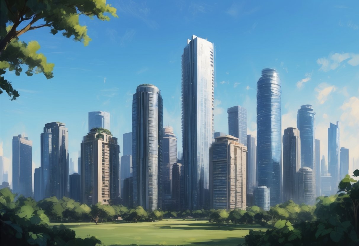 A city skyline with multiple high-rise buildings, some in shadow and some in sunlight, surrounded by greenery and a clear blue sky