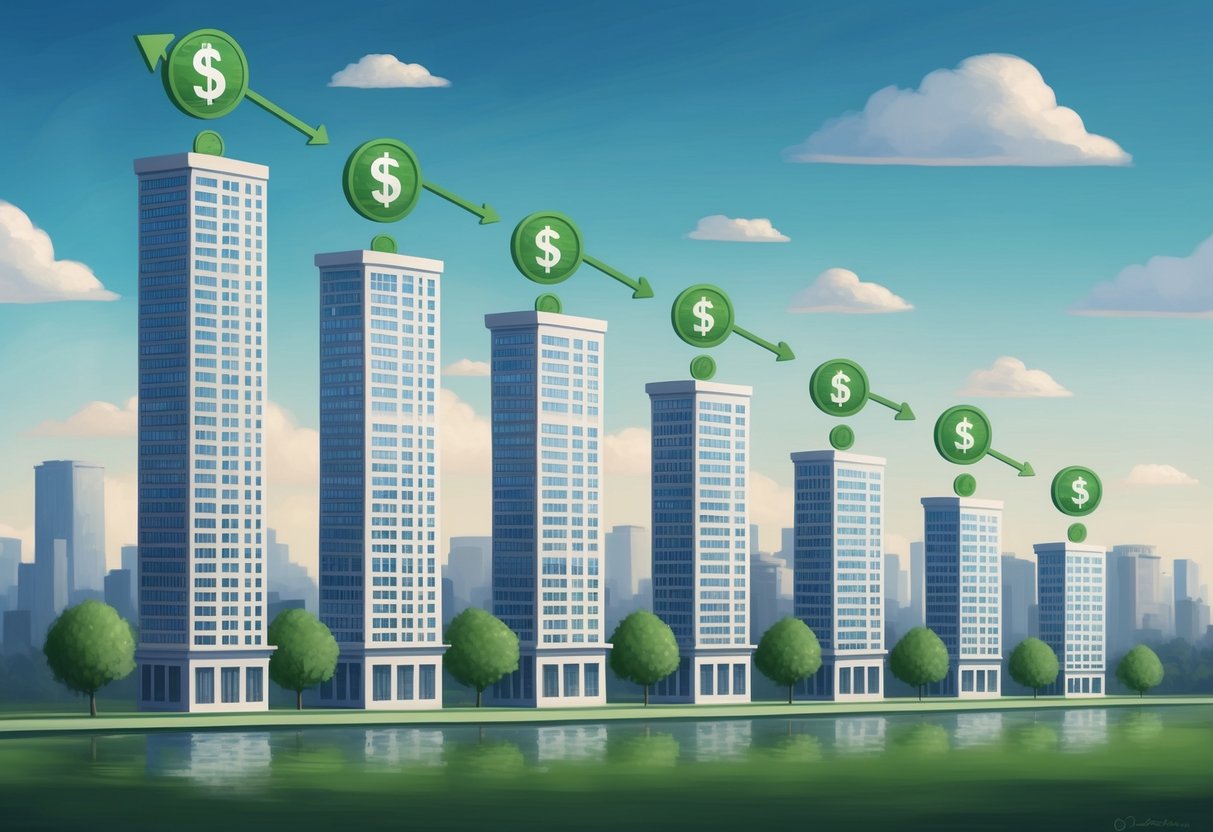 A series of buildings increasing in size and value over time, with money flowing from smaller to larger buildings, symbolizing income scaling from real estate syndications