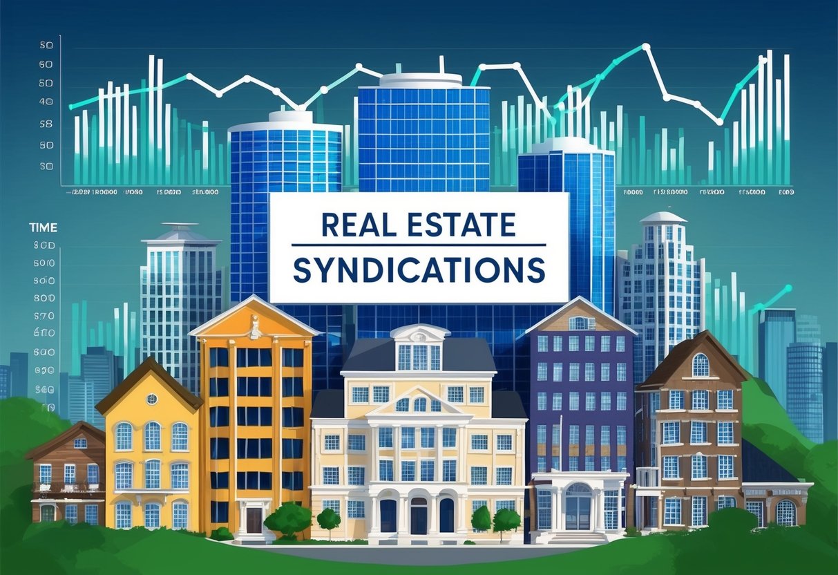 A series of buildings of varying sizes and styles with "Real Estate Syndications" as the focal point, surrounded by graphs showing income growth over time