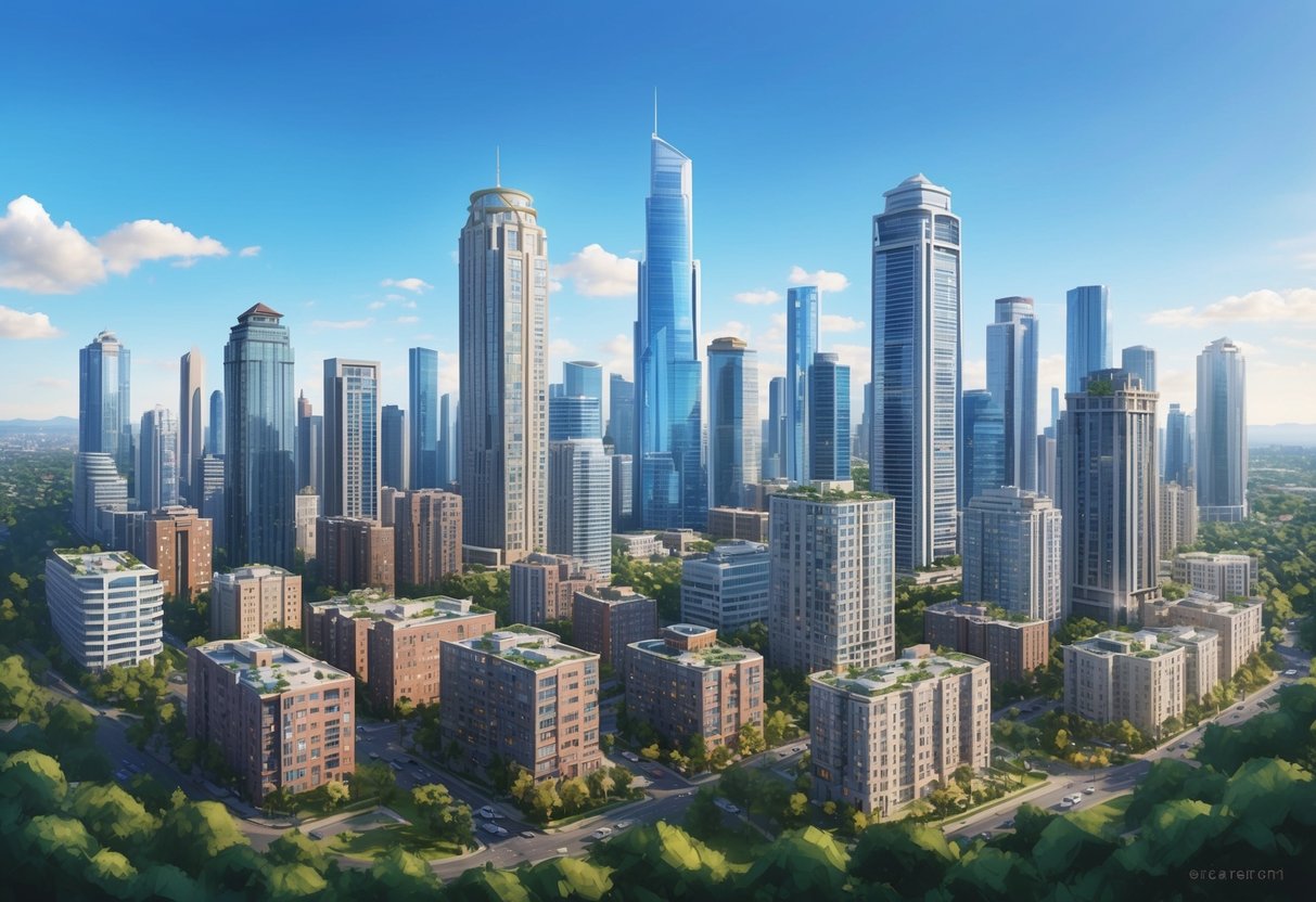 A bustling city skyline with various real estate properties, from apartment buildings to office towers, surrounded by greenery and a clear blue sky