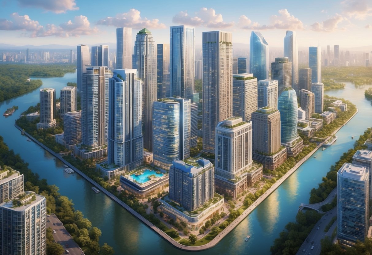 A bustling city skyline with various real estate asset classes, from residential high-rises to commercial office buildings, surrounded by greenery and waterways