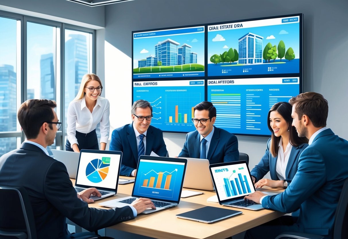 A modern office with digital screens displaying real estate data, while a group of investors collaborate on laptops and tablets