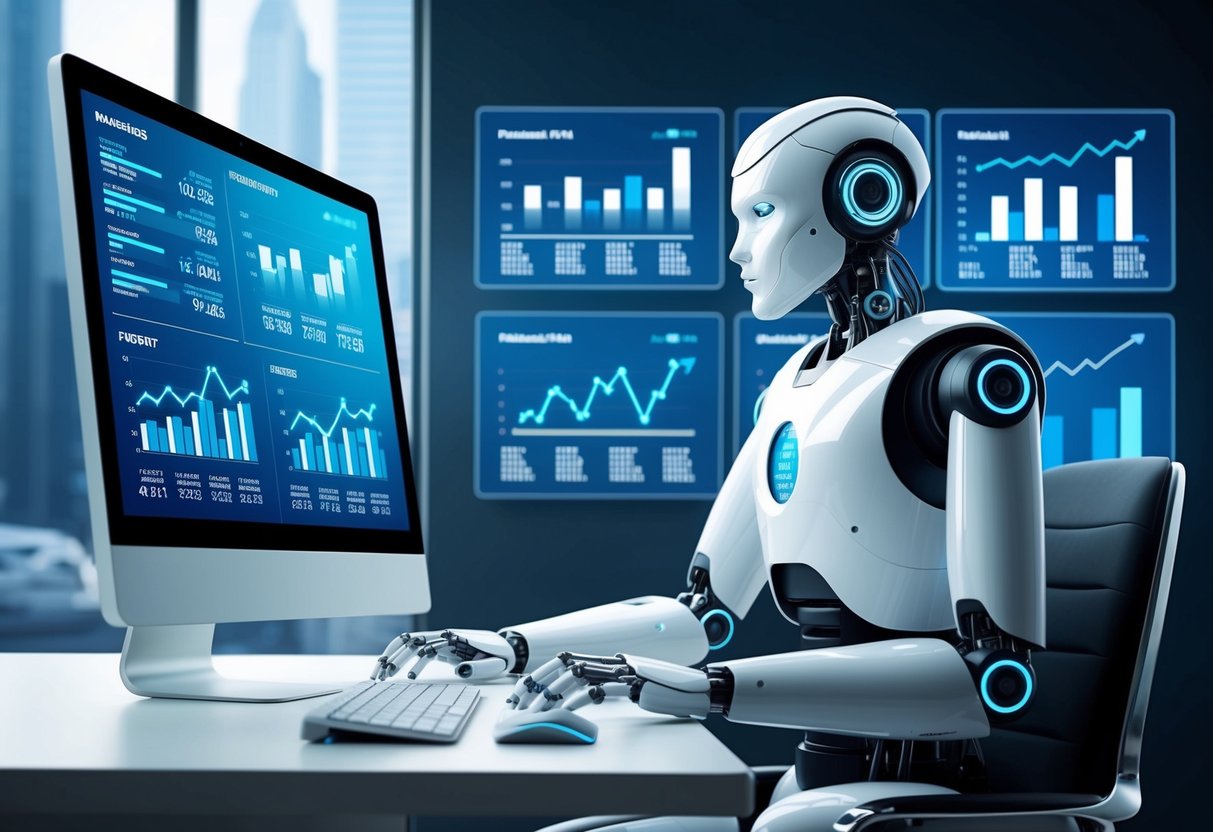 A sleek, futuristic robot stands in front of a computer screen, analyzing financial data with charts and graphs displayed in the background