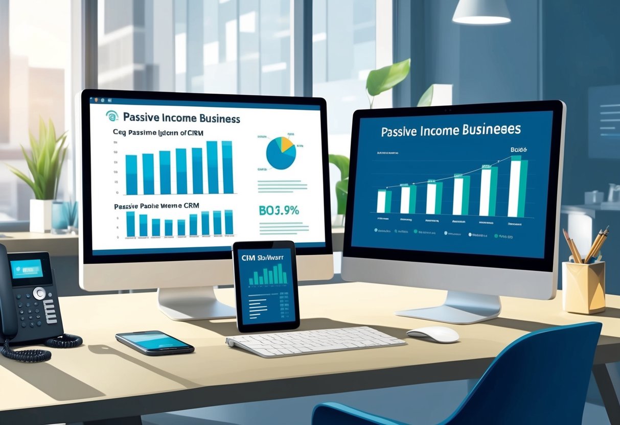 A modern office desk with a computer, phone, and CRM software displayed on the screen. Graphs and charts show the growth of passive income businesses