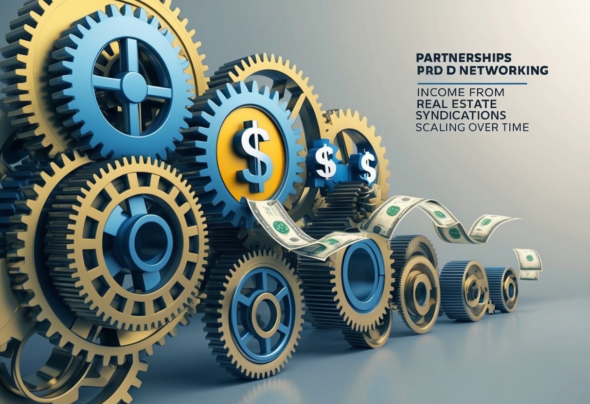 A group of interconnected gears and cogs, symbolizing partnerships and networking, with money flowing through them, representing income from real estate syndications scaling over time