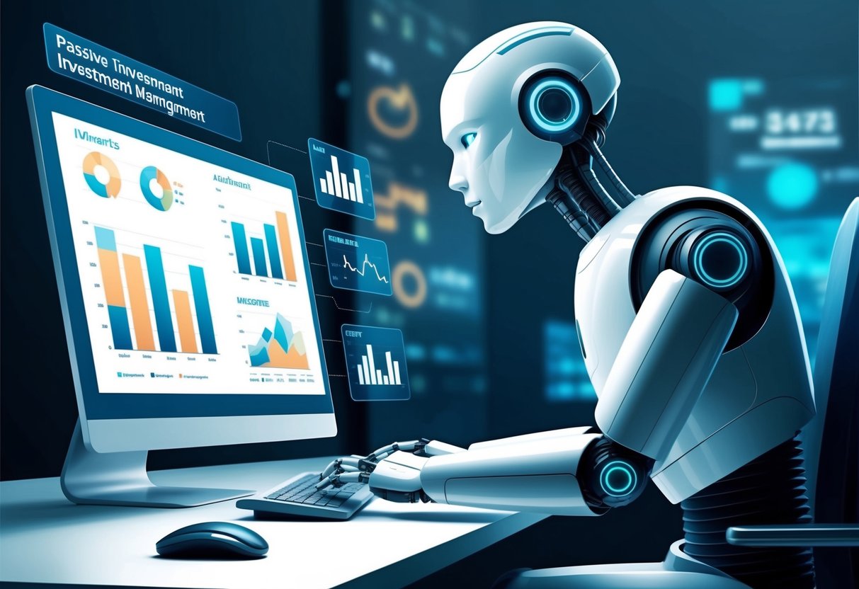 A sleek, futuristic robot stands in front of a computer screen, analyzing financial data and making investment decisions. Charts and graphs are displayed on the screen, showing the robot's passive investment management capabilities