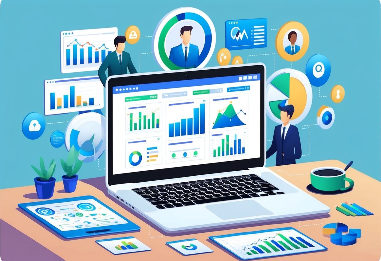 A laptop displaying a CRM dashboard with various customer data and analytics, surrounded by charts and graphs, symbolizing the essential characteristics of CRM tools in scaling passive income businesses
