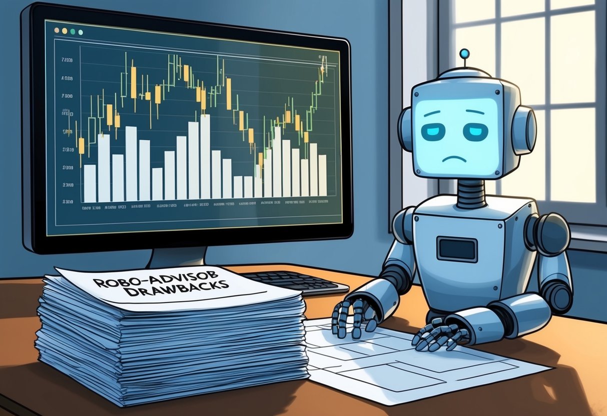 A robot with a sad expression sits in front of a computer screen displaying fluctuating stock market graphs, while a stack of paperwork labeled "Robo-Advisor Drawbacks" sits untouched on the desk
