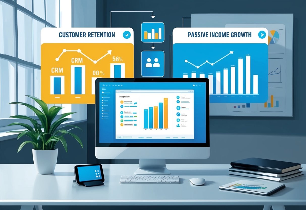 A modern office desk with a computer, phone, and CRM software displayed on the screen, surrounded by charts and graphs showing customer retention and passive income growth