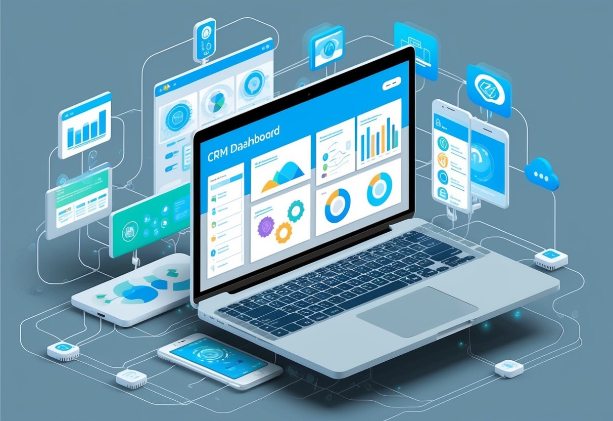 A laptop displaying a CRM dashboard with various marketing automation tools and data visualizations, surrounded by a network of interconnected digital devices