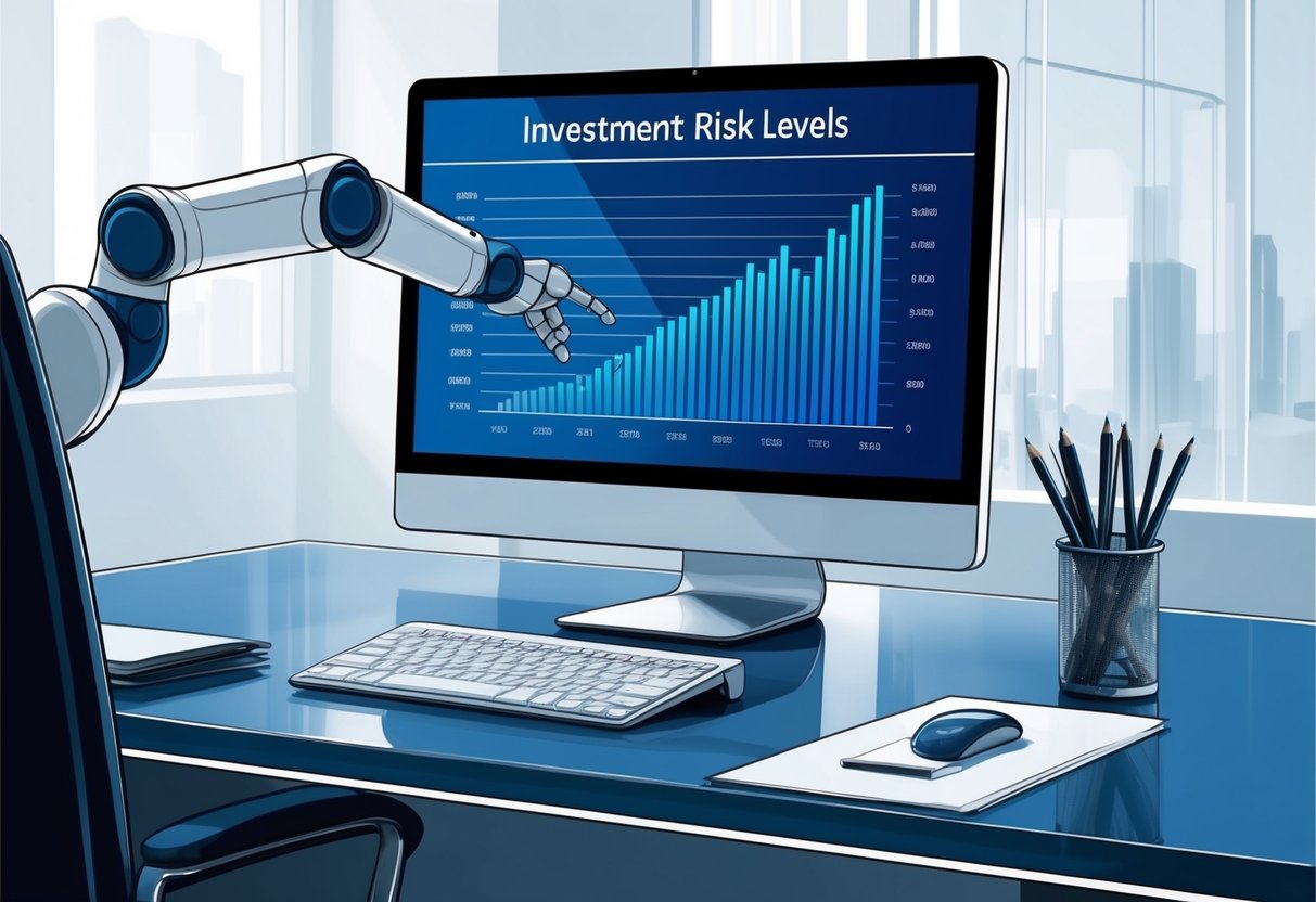 A sleek, modern office desk with a computer displaying a graph of investment risk levels. A robot arm extends from the side, symbolizing the automated nature of robo-advising