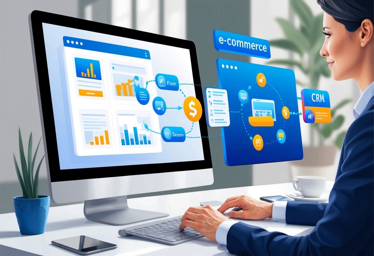 A computer screen displaying a seamless connection between an e-commerce platform and a CRM tool, with data flowing between the two systems