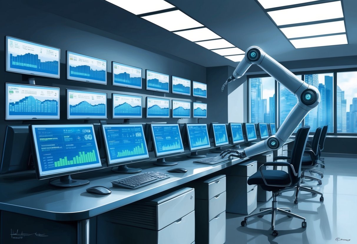 A sleek, futuristic office space with rows of computer monitors displaying financial data. A robotic arm extends from a desk, inputting information into a digital interface