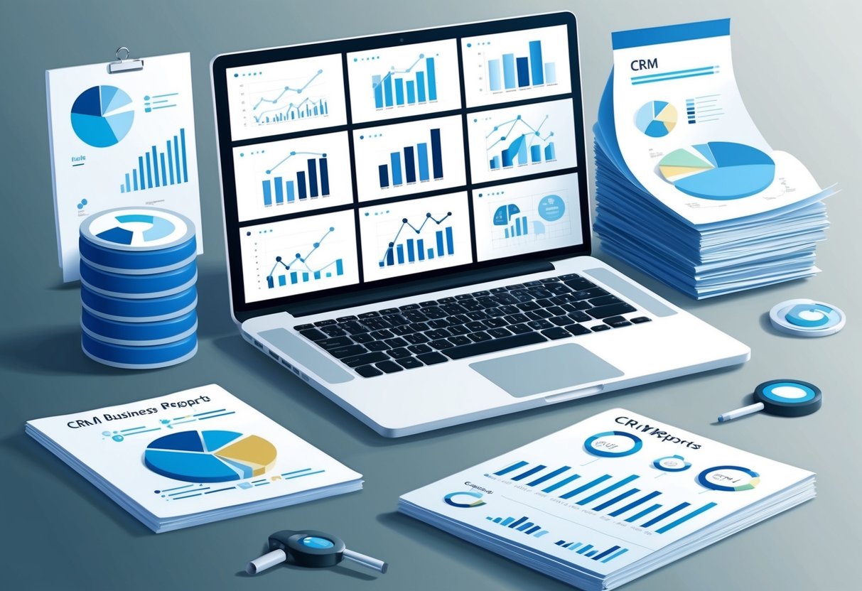 A laptop displaying various charts and graphs, surrounded by CRM tools and a stack of business reports
