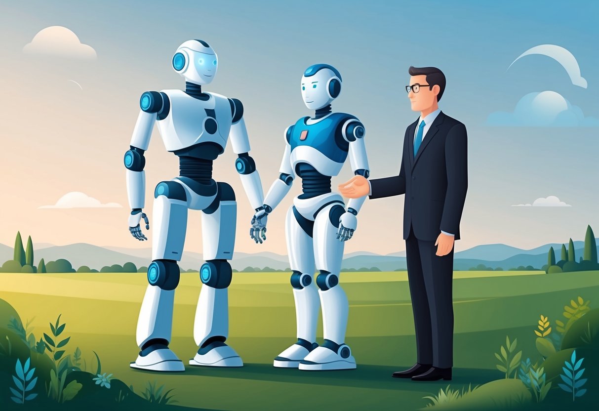 A serene landscape with a robotic figure standing next to a traditional financial advisor, symbolizing the choice between robo-advisors and human advisors for passive investment management