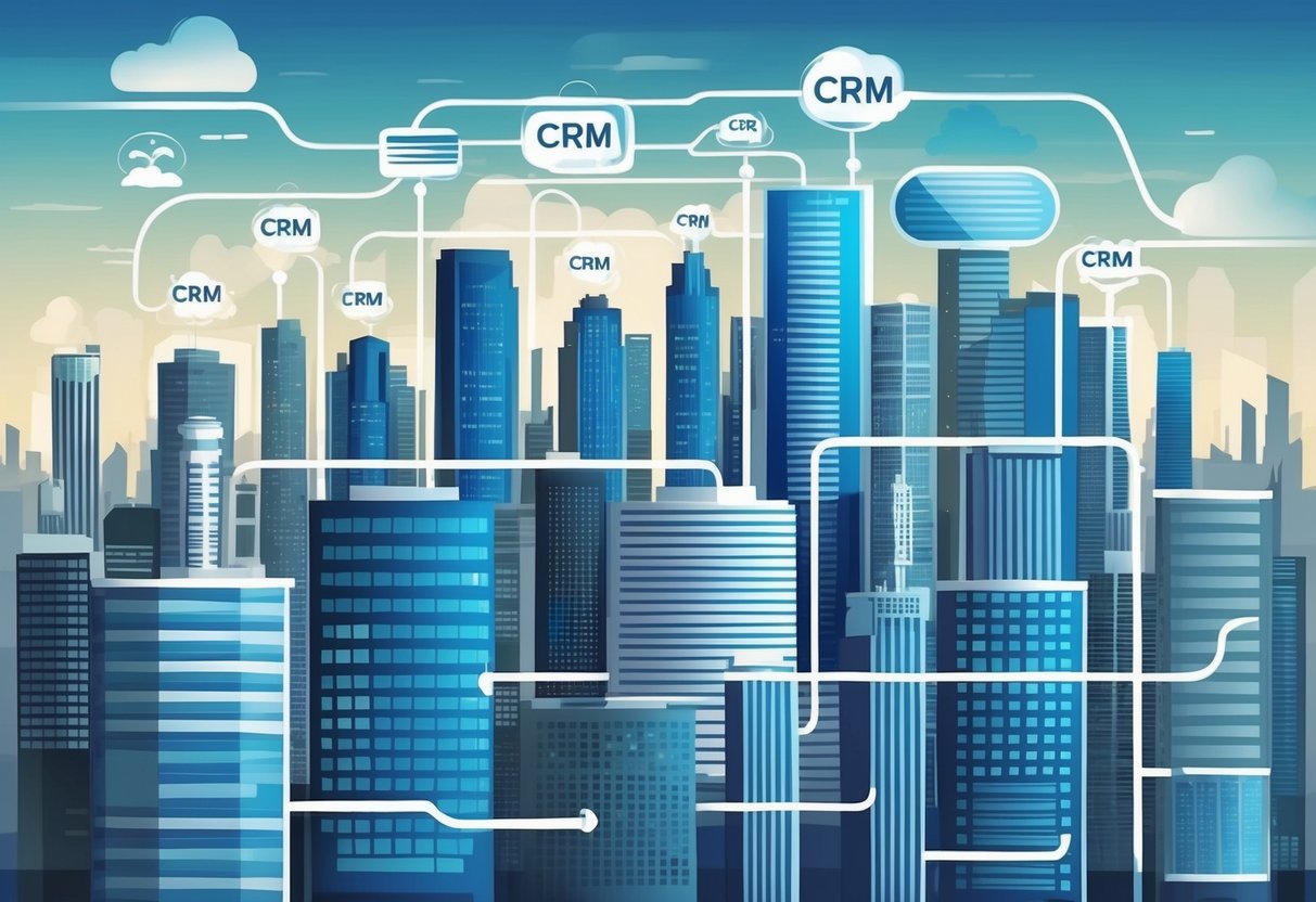 A bustling city skyline with various sized buildings, each representing a different aspect of CRM solutions. The buildings are interconnected, showcasing the scalability and customization of CRM tools for passive income businesses