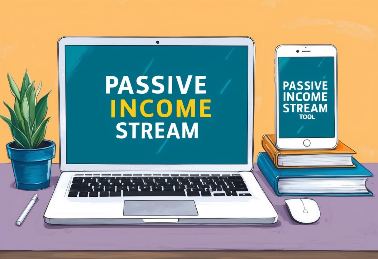 A laptop, smartphone, and tablet sit on a desk, each displaying a different passive income stream tool. A stack of books on automation sits nearby
